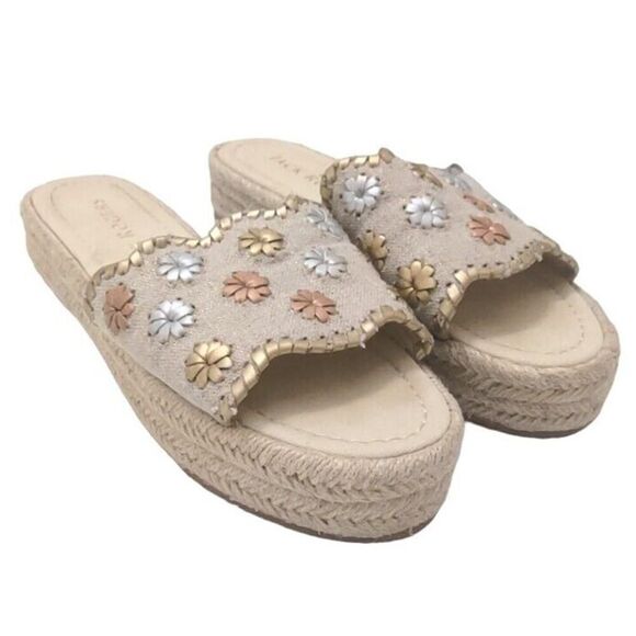 Jack Rogers Palmer Cream Metallic Flower Linen Espadrille Slide Sandals Size 7.5 - Picture 1 of 8